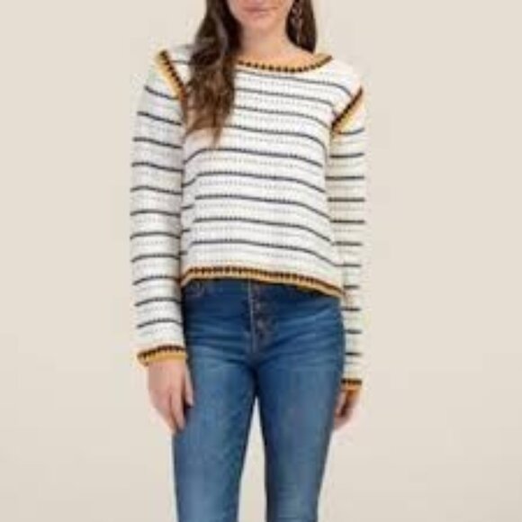 Francesca's Alya Bethenney Crochet Stitch Cream, Navy Yellow Sweater L Open Knit - Picture 2 of 9